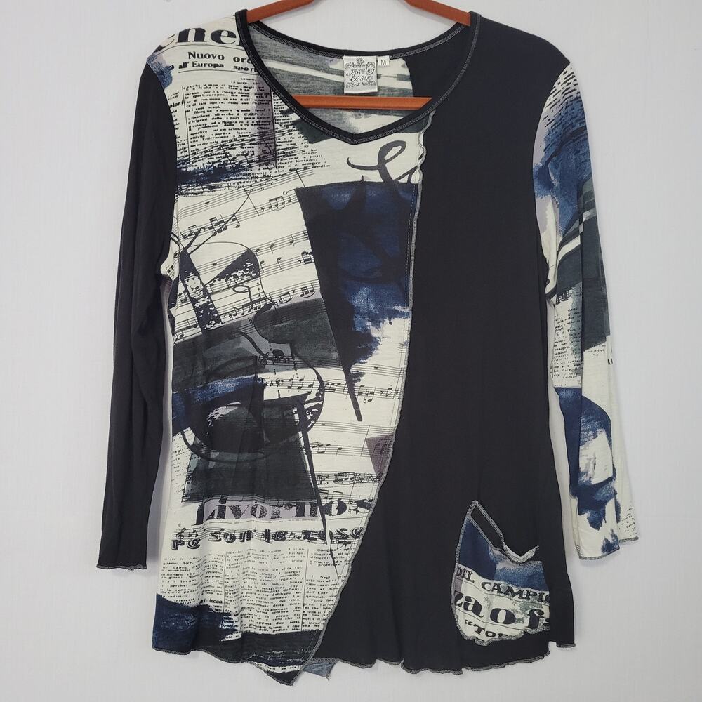 Parsley & Sage 3/4 Sleeve Music Newspaper Print Top size M Patchwork Artsy